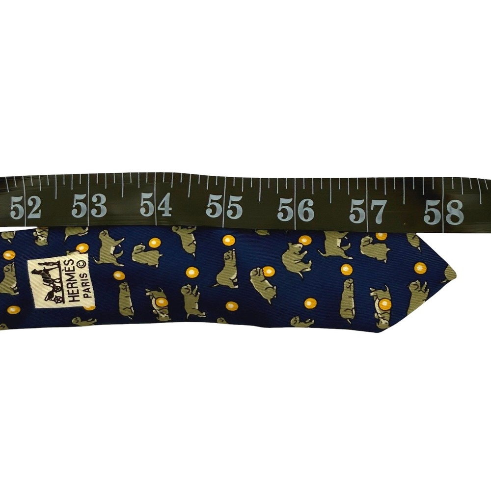 Hermes Paris Mens Silk Tie Navy Blue Puppy Dog Ball Novelty Print Made in France - Picture 5 of 5